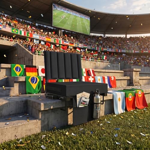 Stadium Seat for Bleachers with Back Support, Portable Bleacher Seat with Wide Comfy Padded Cushion, Metal Hook, Folding Stadium Chair with Shoulder Strap, Carry Handle, Cup Holder, Black - color: Black