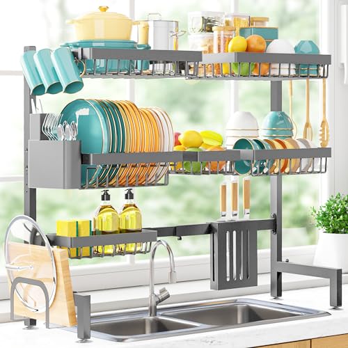 Sakugi Over The Sink Dish Drying Rack - Adjustable 3 Tier XX-Large Capacity Stainless Steel Drainer with Cutlery & Utensil Holders, Kitchen Storage & Organization, 31.5"-39.5"L x 12"W x 30.5"H, Gray - color: Gray, size: Ultra - 6 Baskets