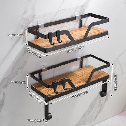 Paper Towel Holder Wall - Kitchen Towel Holder with Shelf Wooden Spice Rack Organizer with 4 Hooks(Self-Adhesive & Wall Mounted)