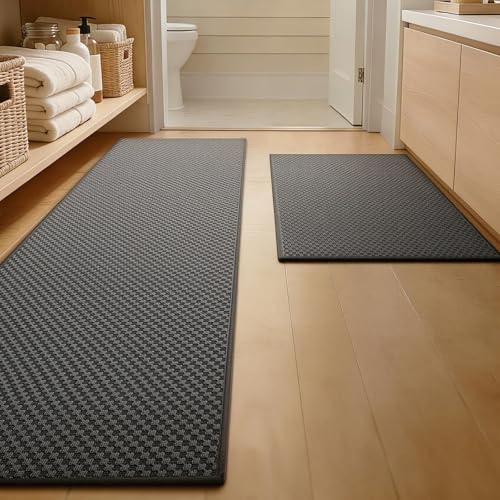 YIHOUSE Bathroom Rugs Sets 2 Piece Non Slip Washable, Absorbent Quick Dry Bath Mat Set, Weave Texture Low Profile Bath Rugs, Floor Mats for Bathroom, Tub & Shower (17"x24" + 17"x47", Dark Grey) - color: Dark Grey, size: 2 Pieces (17"x24" + 17"x47")