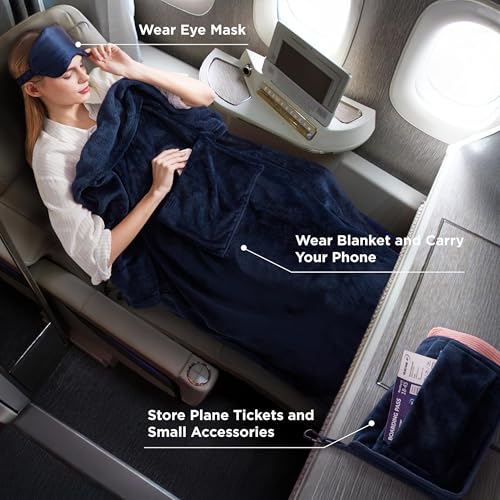 Bedsure Travel Blanket Airplane Compact with Storage Bag, Packable Blanket with Eye Mask, Lightweight 2-in-1 Travel Essentials, Functioned as Pillow for Airplane Comfort and Warmth, Navy - color: Navy
