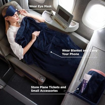Bedsure Travel Blanket Airplane Compact with Storage Bag, Packable Blanket with Eye Mask, Lightweight 2-in-1 Travel Essentials, Functioned as Pillow for Airplane Comfort and Warmth, Navy - color: Navy