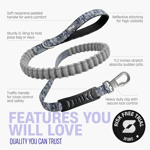 Dog Friendly Co. Bungee Dog Leash | Strain Free & Shock Resistant for Control | Neoprene Padded Handle, Heavy-Duty Carabiner Clip, and D-Ring | Grey Camo, Size Small - color: Grey Camo, size: Small