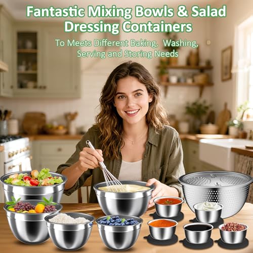 Mixing Bowls with Lids Set, 27Pcs Stainless Steel Nesting Mixing Bowls Set for Kitchen Cooking & Storage, Metal Salad Bowls with Colander, Strainer, Grater & Dressing Containers, Kitchen Gadgets Black - color: Coal-Black
