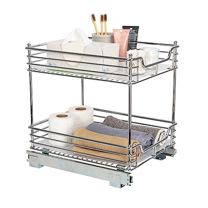 Household Essentials Glidez Chrome-Plated Steel Pull-Out/Slide-Out Storage Organizer with Plastic Liners for Under Cabinet Use - 2-Tier Design - Fits Standard Size Cabinet or Shelf, Chrome - size: 14.5" - Standard, style: 2-Tier