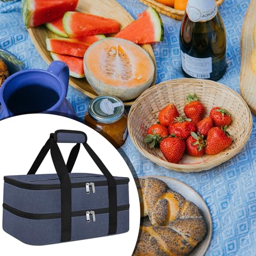 esouler Double Insulated Casserole Carrier Bag Hot & Cold Food Carrier Bag Lasagna Holder Lunch Bag for Picnics, Parties, Travel, Fits 9 x 13 Inches Casserole Dish-Blue - color: Blue, size: 16x10x7.2 in