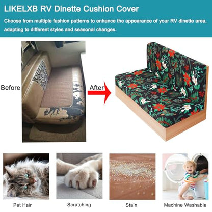 RV Dinette Cushion Covers, Printed Camper Cushion Slipcovers, Washable Anti Slip Stretch Fabric, Christmas Flower - color: Black Green, size: 1 Bench Cover & 1 Backrest Cover