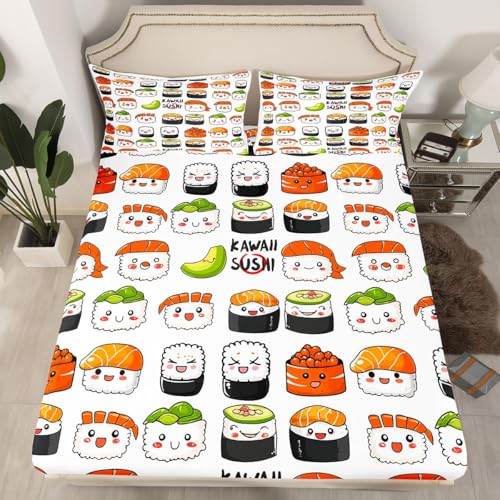 Erosebridal Sushi Fitted Sheet Cartoon Sea Animal Bedding Set Twinxl Size Cute Sushi Pattern Bed Cover for Kids Boys Girls Teens Gifts Bedroom Decorative Japanese Style Bed Set with Deep Pocket - color: Multi 35, size: TwinXL (No Top/Flat Sheet)