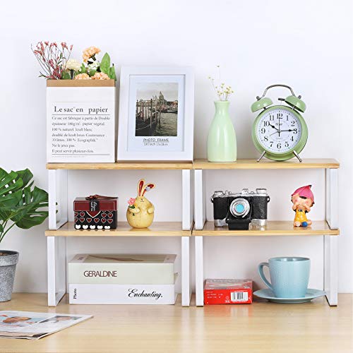 NEX Bamboo Kitchen Cabinet and Counter Shelf Organizer, Stackable & Expandable, Set of 4, White and Natural - color: Cloud White + Natural Beige, size: 11.7''W