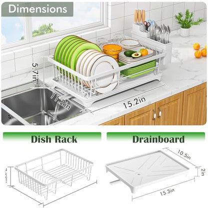 Kmiectse Dish Drying Rack - Space-Saving Small Dish Rack for Kitchen Counter, Rust-Resistant Kitchen Drying Rack, Compact Dish Drainer Organizer with Utensil Holder for Home Kitchen, White - color: White