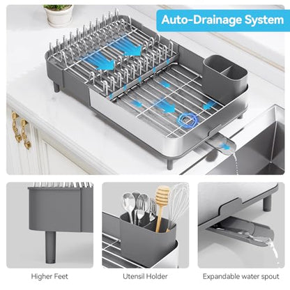 Urackify Dish Drying Rack - Dish Drainer for Kitchen Counter, Stainless Steel Dish Rack with Swivel Draining Spout & Drain Board, Expandable Space-Saving Kitchen Dish Organizer for 3-4 People, Grey - color: Gray
