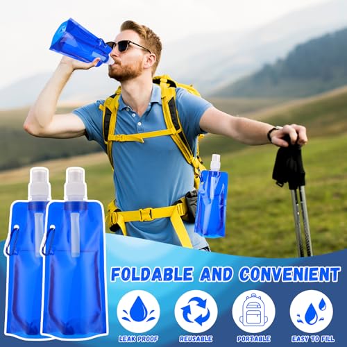 Teenyyou 24 Pack Collapsible Water Bottles Bulk 16oz Foldable Water Bottles with Carabiner Reusable Drinking Leak Proof Container Bags for Sport Biking Hiking Camping Travel Outdoor (Blue) - color: Blue