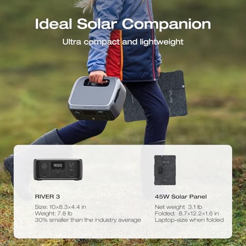 EF ECOFLOW Solar Generator RIVER 3 with 45W Solar Panel, 245Wh Portable Power Station LiFePO4 Battery, 300W Up to 600W AC Output, <20 MS UPS, 1Hr Fast Charging Power Station for Outdoor/Camping/RVs - style: RIVER 3+45W Solar Panel