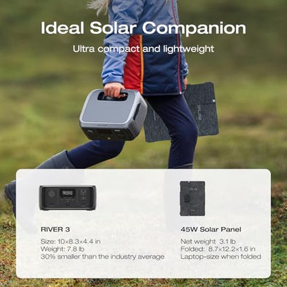 EF ECOFLOW Solar Generator RIVER 3 with 45W Solar Panel, 245Wh Portable Power Station LiFePO4 Battery, 300W Up to 600W AC Output, <20 MS UPS, 1Hr Fast Charging Power Station for Outdoor/Camping/RVs - style: RIVER 3+45W Solar Panel