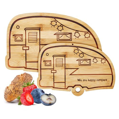 Camper Bamboo Cutting Board Set for RV Kitchen Accessories 2 Pieces, RV Wood Chopping Board Set with Juice Grooves, Hang Hole,for Meat Vegetables & Cheese,Camping Gifts RV Decor Camping Decorations - style: small and big