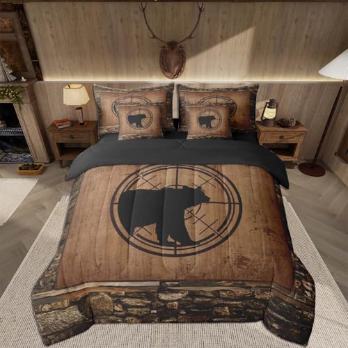 Feelyou Bear King Comforter Set with Sheets for Kids Boys Girls Cabin Farmhouse 7 Pieces Bedding Set Rustic Bed in a Bag Wild Animal Room Decor Nature Wildlife Soft Lightweight Microfiber - color: Black and Rustic Brown, size: King