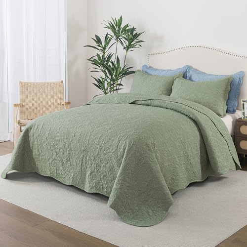 HoneiLife Queen Quilt Bedding Sets - Microfiber Quilt Sets for Queen Bed, 3-Piece Lightweight Bedspreads,Reversible Coverlets Rustic Bedlinen Sets, Embroidered Bedding Sets All Season Quilts - color: Pickle Green, size: Queen/Full-90"x96"