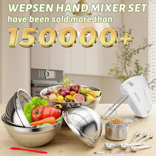 WEPSEN 5-Speed Electric Hand Mixer, 4 Large Mixing Bowls Set, Handheld Mixers with Whisks Beater, Stainless Steel Metal Nesting Bowl Measuring Cups Spoons Kitchen Cake Blender for Baking Supplies - color: Red