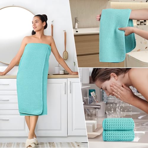 POLYTE 430 GSM Microfiber Quick Dry Lint Free Oversize Bath Towel Set, 6 Piece (Waffle Weave) - color: Aqua