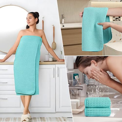 POLYTE 430 GSM Microfiber Quick Dry Lint Free Oversize Bath Towel Set, 6 Piece (Waffle Weave) - color: Aqua
