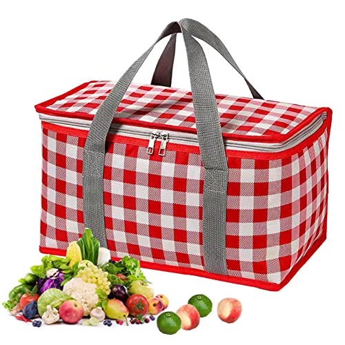 Insulated Reusable Food Picnic Bag Beach Bags, Cooler Bags with Zippered Top -for Hot or Cold,Picnic Basket Collapsible,Beach, Outdoor Party, Camping,Festivals (Red) - color: Red