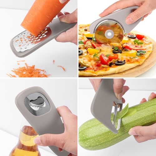 5 Pack Kitchen Gadgets Set,Cheese Grater, Bottle Opener, Fruit Vegetable Peeler, Pizza Cutter, Garlic Ginger Grinder,Stackable Cooking Tools Space Saving for Kitchen.