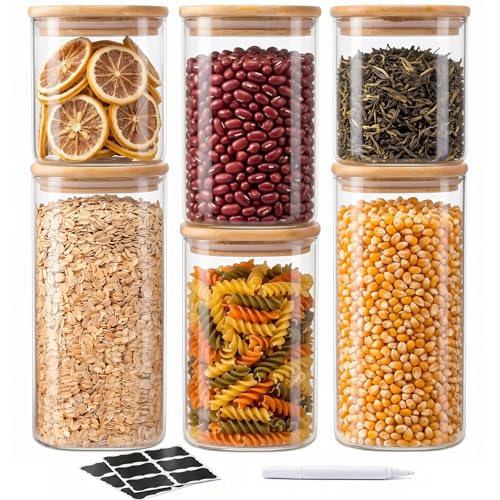 SENTVEND 24 Oz/ 37 Oz/ 51 Oz Glass Storage Jars with Bamboo Lids - 6 Pack Clear Glass Canisters Square Airtight Stackable Ideal for Pantry Storage Containers Great for Cereal Coffee Beans Snacks etc - color: 24/37/51 OZ-Clear