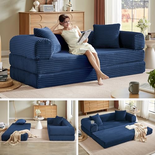 Boneless Couch Futon Sofa Bed Sectional Couches for Living Room,Cloud Couch with Sleeper Sofa,Sofas for Living Room Oversized Corduroy Upholstered (Blue, 76 Inches (No Iron Frame)) - color: Blue, size: 76 Inches