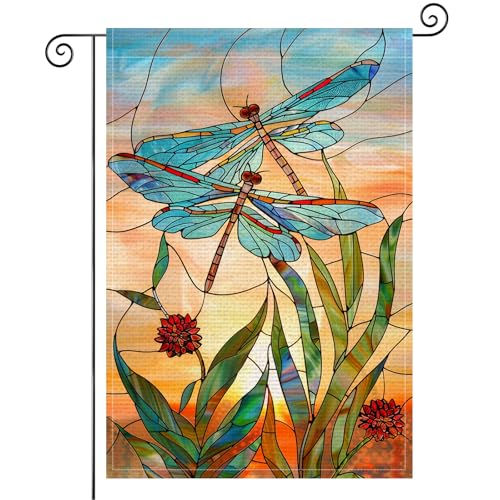 BlissYard Dragonfly Garden Flag 12x18 Double Sided Spring Vertical Flag Stained Glass Style Dragonflies Decorative Outdoor Spring Summer Yard Garden Lawn Banner Seasonal Display - color: Dragonfly Garden Flags