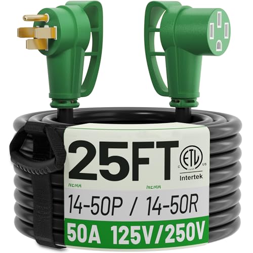 POWGRN NEMA 14-50P to NEMA 14-50R 50 Amp RV/EV Extension Cord 25 FT Outdoor with Grip Handle, Flexible Heavy Duty RV Power Cord Waterproof, 50A 125/250V 6250/12500W STW, Black-Green, ETL Listed - size: 25 FT, style: 50 AMP (14-50P/R)