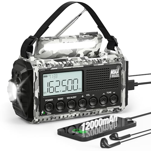 Eoxsmile Emergency Radio 12000mAh with NOAA Weather Alert | Solar, Hand Crank, Battery AM/FM/Shortwave with Type-C Charger, Flashlight, SOS for Hurricane, Camping, Outdoor Survival - color: Camo Grey