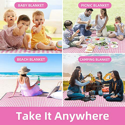 ZAZE Picnic Blanket Waterproof Sandproof, 80''x80'' 3-Layer Cute Compact Extra Large Machine Washable Foldable Beach Mat, Big XL Outdoor Blankets for Spring Summer Camping, Park, Grass(Pink and White) - color: Pink and White