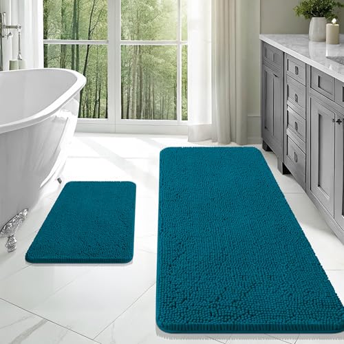 OLANLY Bathroom Rugs Sets 2 Piece, Soft Absorbent Chenille Bath Mats Area Rug Set, Non-Slip, Quick Dry, Machine Washable Bath Mats for Bathroom, Home Decor Accessories (47"x20"+24"x16", Peacock Blue) - color: Peacock Blue, size: 47" X 20" + 24" X 16"