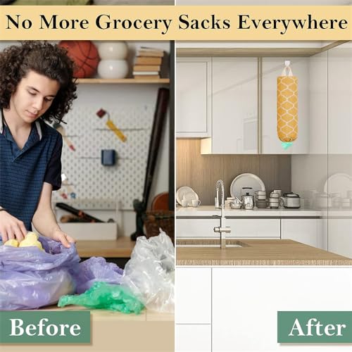 Plastic Bag Holder, Washable Grocery Bag Holder for Plastic Bags Storage Dispenser with Hanging Loop, Wall Mount Trash Bags Dispenser for Home Kitchen Cabinet - color: Ginger Yellow