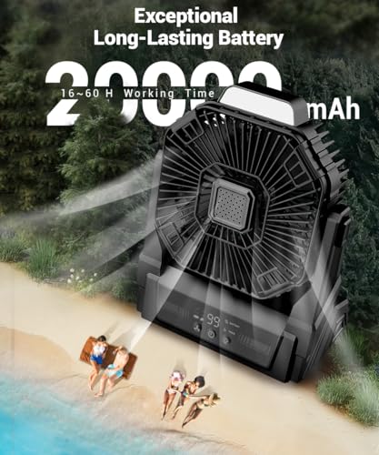 KopBeau Portable Camping Fan with Lights, 20000mAh Rechargeable Battery Operated Fan, Battery Powered Outdoor Beach Tent with 3 Speeds & Hook, Personal USB Table for Camping Accessories Black - size: Medium