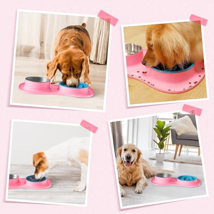 MateeyLife Dog Food and Water Bowl Set 3 in 1, Slow Feeder Dog Bowls & Stainless Steel Water Bowl with Non-Spill Silicone Mat, Cat and Puppy Bowls Pet Dishes for Small Medium Large Breed Anti-Choking - color: Pink, size: Small