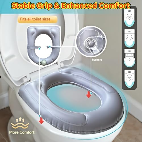 Inflatable Travel Toilet Seat Riser, Portable Toilet Seat Cushion with Suction Cups for Travel, RV, Camping - Comfortable Potty Seat (Grey)