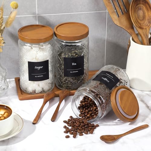 3 Pack 34 oz Glass Coffee Container with Wooden Tray Lid Spoon Labels Clear Airtight Glass Jar Food Storage Kitchen Canisters Set Decorative Coffee Bar Containers for Sugar Candy Tea Flour - size: 34 oz