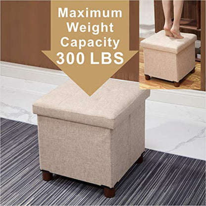 15 Inch Storage Ottoman with Wooden Legs - Cube Foot Rest Stool, Square Footstool, Comfortable Seat with Lid, Foldable Fabric Ottoman, Space-Saving Beige - color: Squ Beige