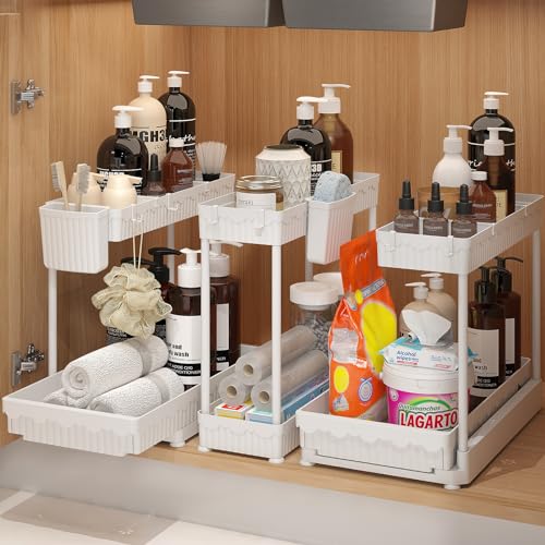 Sevenblue 3 Pack Multi-Purpose Pull-Out Storage Organizers, 2-Tier L-Shaped Under Sink/Cabinet Organizers and Storage for Bathroom & Kitchen,White,12.85 Inch - color: White, size: 12.85 Inch