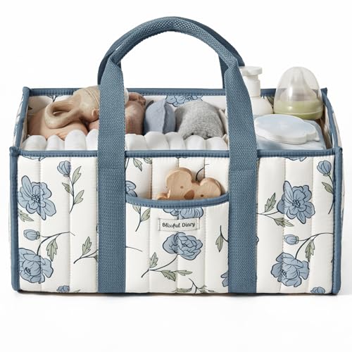 Blissful Diary Floral Diaper Caddy Organizer, Stylish Nursery Storage Basket, Gift for Baby Shower, Newborn Essentials, Peony Blue - color: Peony Blue