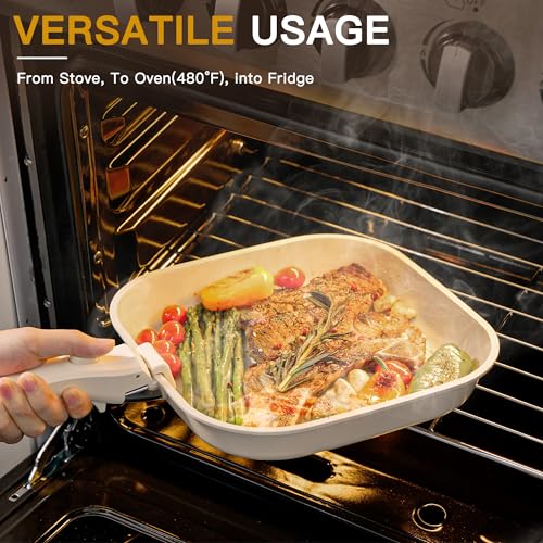 Astercook 23 Pcs Pots and Pans Set Non Stick, Ceramic Cookware Set Detachable Handle, RV Kitchen Cooking Set Removable Handles, Oven Safe, Induction Ready, Stackable, Cream, Fathers Day Gift for Men - color: Cream White, size: 23 Piece