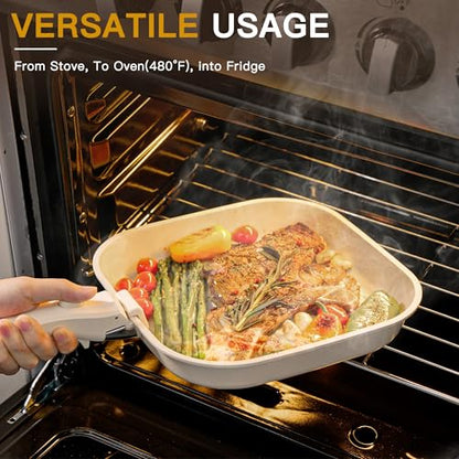 Astercook 23 Pcs Pots and Pans Set Non Stick, Ceramic Cookware Set Detachable Handle, RV Kitchen Cooking Set Removable Handles, Oven Safe, Induction Ready, Stackable, Cream, Fathers Day Gift for Men - color: Cream White, size: 23 Piece
