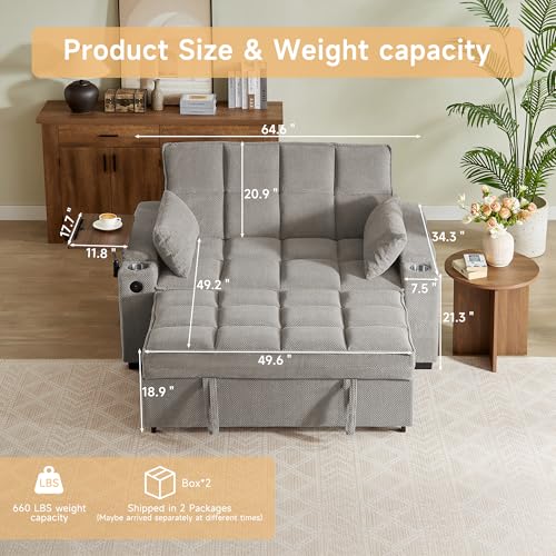 oaaktu 65'' Convertible Sleeper Sofa Bed,Extra Thick Cushion Polka dot Velvet Pull Out Futon Couch with Storage handrails & Rotating Side Tables,Convertible Sofa Couch for Living Room,RV (07S-Khaki) - color: 07s-khaki