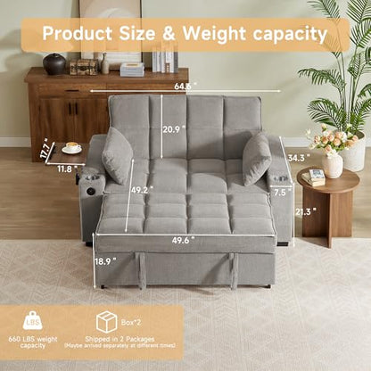 oaaktu 65'' Convertible Sleeper Sofa Bed,Extra Thick Cushion Polka dot Velvet Pull Out Futon Couch with Storage handrails & Rotating Side Tables,Convertible Sofa Couch for Living Room,RV (07S-Khaki) - color: 07s-khaki