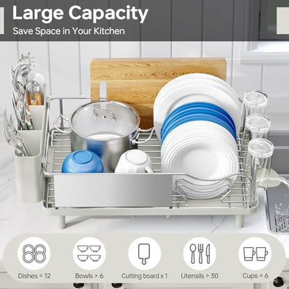 Stainless Steel Dish Drying Rack - Large Capcity 304 Grade Dish Drainer for Kitchen Counter with Drain Board, Utensil Holder & Detachable Cup Shelf, Rustproof Multifunctional Organizer, Light Green - color: Light Green