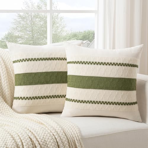 Fancy Homi Set of 2 Boho Moss Green Decorative Throw Pillow Cover 16x16 Inch for Couch Bed Sofa, Aesthetic Modern Organic Farmhouse Home Decor, Soft Cotton Cute Accent Macrame Woven Cushion Case - color: Moss Green, size: 16" x 16" (Pack of 2)