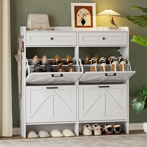 BORNOON Shoe Storage Cabinet for Entryway, Farmhouse Wide Shoe Cabinet with 4 Flip Drawers and 2 Top Drawers, Freestanding Organizer with Adjustable Shelves, Hooks, and Anti-Tip Kit for Hallway - color: White, size: 4 Flip Drawer