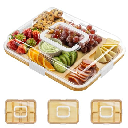 SpaceAid Charcuterie Board with Clear Lid, Portable Travel Cheese Cutting Boards for Picnic Accessories, Bamboo Serving Tray with Lids, House Warming Gifts, White Handles, 5 Compartments - color: White Handles, 5 Compartment