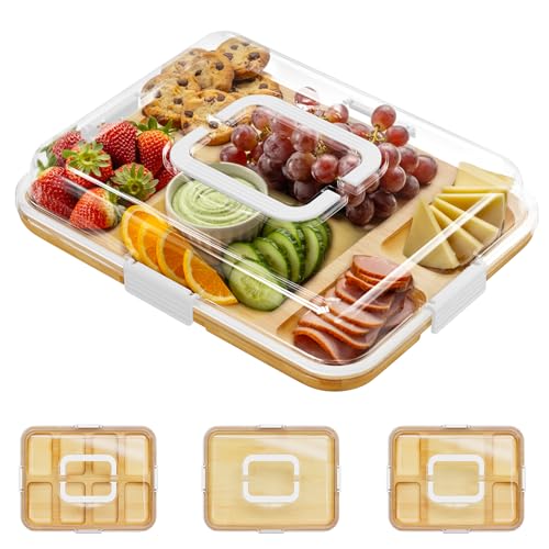 SpaceAid Charcuterie Board with Clear Lid, Portable Travel Cheese Cutting Boards for Picnic Accessories, Bamboo Serving Tray with Lids, House Warming Gifts, White Handles, 5 Compartments - color: White Handles, 5 Compartment